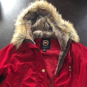Beautiful Red soft coat fur hood fur trim can be removed